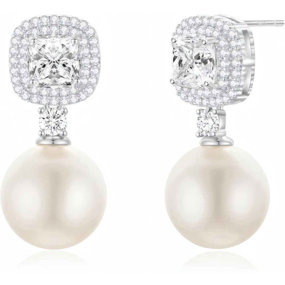 Pearl Drop Earrings 925 Sterling Silver Posts Square CZ Halo Bridal Jewelry